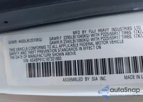 2008 Subaru Outback 2.5I z USA, uszkodzony, nr VIN 4S4BP61C187321883